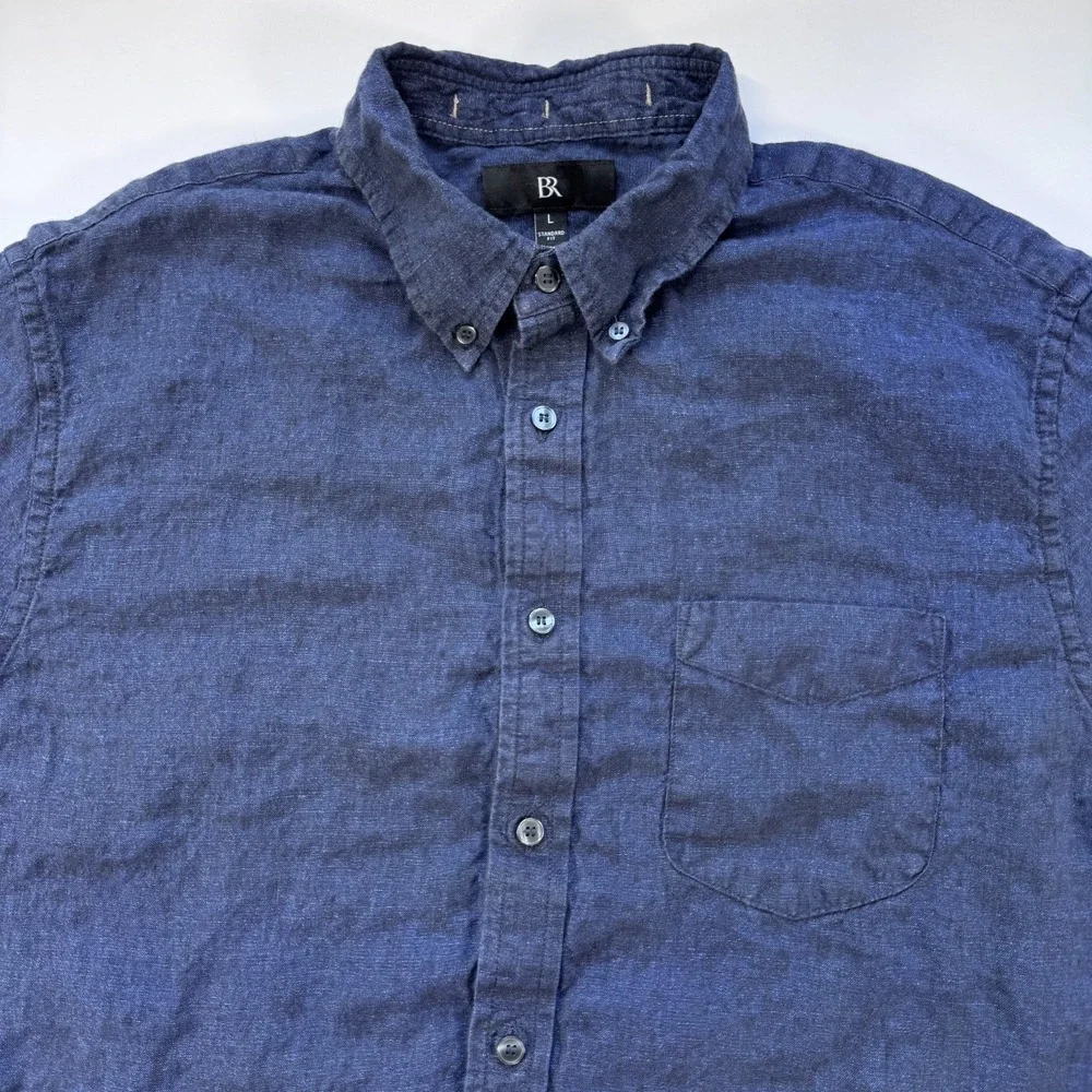 BANANA REPUBLIC 100% Linen Short Sleeve Button Down Shirt Mens Large Blue